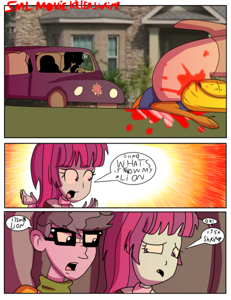 Size: 2448x3182 | Tagged: semi-grimdark, artist:marrabo, derpibooru import, microchips, mystery mint, shrimp, equestria girls, angry, blood, car, comic, fear, house, killer shrimp, reference, reference used, scary, sml, supermariologan, why