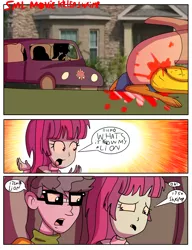 Size: 2448x3182 | Tagged: semi-grimdark, artist:marrabo, derpibooru import, microchips, mystery mint, shrimp, equestria girls, angry, blood, car, comic, fear, house, killer shrimp, reference, reference used, scary, sml, supermariologan, why