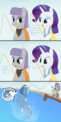 Size: 1200x2398 | Tagged: safe, artist:mightyshockwave, derpibooru import, maud pie, rarity, oc, oc:ciacco, earth pony, original species, pony, shark pony, unicorn, beach, bipedal, clothes, comic, dock, female, fishing, mare