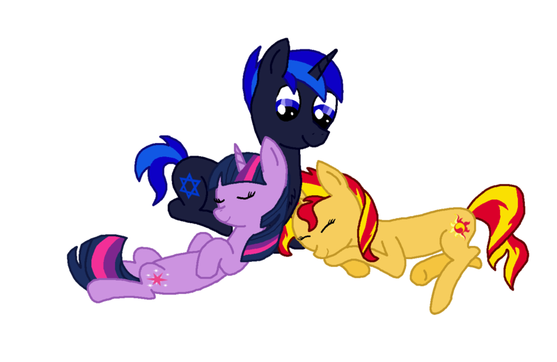 Size: 1438x936 | Tagged: safe, artist:aztec613, derpibooru import, sunset shimmer, twilight sparkle, oc, oc:spirit guide, canon x oc, shipping, snuggling