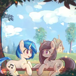 Size: 900x900 | Tagged: safe, artist:mirroredsea, derpibooru import, octavia melody, vinyl scratch, earth pony, pony, unicorn, alternate hairstyle, backwards cutie mark, blushing, chromatic aberration, cloud, cropped, cute, duo, eye contact, female, fence, house, looking at each other, mare, missing accessory, open mouth, outdoors, prone, scenery, sky, smiling, sweet dreams fuel, tavibetes, tree, village, vinylbetes