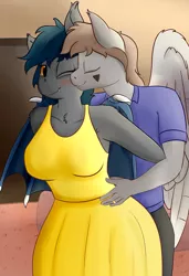 Size: 2400x3500 | Tagged: safe, artist:huckser, derpibooru import, oc, oc:nuke, oc:speck, unofficial characters only, anthro, bat pony, bedroom, blushing, clothes, couple, dress, female, husband and wife, kissing, kiss on the cheek, male, married couple, married couples doing married things, shipping, speke, straight