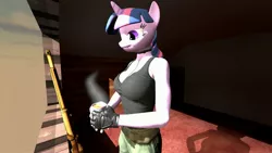 Size: 3840x2160 | Tagged: 3d, anthro, artist:clintr, big breasts, breasts, clothes, derpibooru import, fingerless gloves, food, gloves, gun, rifle, safe, sniper rifle, source filmmaker, tales from the borderlands, tanktop, tea, twilight sparkle, weapon