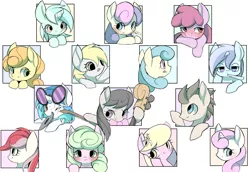 Size: 2547x1753 | Tagged: safe, artist:ccc, derpibooru import, berry punch, berryshine, bon bon, carrot top, daisy, derpy hooves, doctor whooves, flower wishes, golden harvest, lemon hearts, lily, lily valley, lyra heartstrings, minuette, octavia melody, roseluck, sweetie drops, time turner, twinkleshine, vinyl scratch, earth pony, pegasus, pony, unicorn, background pony, blushing, bust, cello, female, flower, flower trio, looking at you, mare, musical instrument, one eye closed, pixiv, simple background, sunglasses, toothbrush, white background, wink