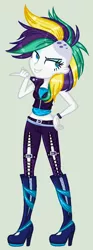 Size: 592x1596 | Tagged: safe, artist:yulianapie26, derpibooru import, rarity, equestria girls, it isn't the mane thing about you, alternate hairstyle, boots, clothes, high heel boots, midriff, mohawk, pants, punk, raripunk, shirt, shoes, short hair, simple background, smiling, solo