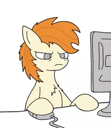 Size: 625x719 | Tagged: artist:pizzamovies, chest fluff, computer, computer mouse, derpibooru import, frown, male, oc, oc:pizzamovies, reaction image, safe, simple background, solo, stallion, unofficial characters only, wires