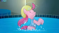 Size: 2560x1440 | Tagged: safe, artist:rupertbluefox, derpibooru import, pinkie pie, earth pony, pony, series:30 dayz of pinks, clothes, eyes closed, female, mare, missing cutie mark, one-piece swimsuit, smiling, solo, swimming pool, swimsuit, water