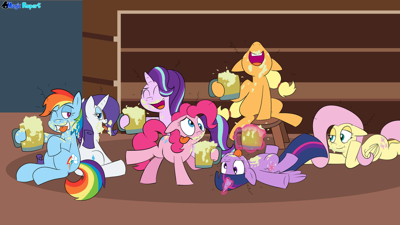 Size: 2560x1440 | Tagged: safe, artist:rupertbluefox, derpibooru import, applejack, fluttershy, pinkie pie, rainbow dash, rarity, starlight glimmer, twilight sparkle, twilight sparkle (alicorn), alicorn, pony, unicorn, series:30 dayz of pinks, alcohol, cider, cider mug, cutie mark, drunk, drunk aj, drunk rarity, drunk twilight, drunker dash, drunkershy, drunkie pie, drunklight glimmer, eyes closed, female, floppy ears, glowing horn, hoof hold, hooves, horn, levitation, lying down, magic, mane six, mare, mug, on back, open mouth, prone, sitting, smiling, stool, tankard, telekinesis, tongue out