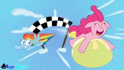 Size: 2560x1440 | Tagged: artist:rupertbluefox, balloon, balloon sitting, deflation, derpibooru import, floppy ears, flying, funny, midair, pinkie pie, racing, rainbow dash, riding, safe, series:30 dayz of pinks, shocked