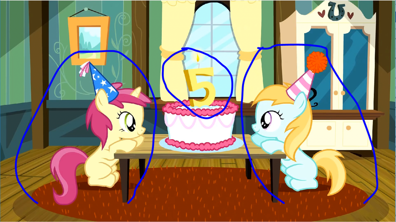 Size: 1606x904 | Tagged: safe, derpibooru import, edit, edited screencap, screencap, rose petal, rosy gold, earth pony, pony, unicorn, pinkie pride, 5th birthday, asdfmovie, background pony, birthday cake, birthday candle, cake, candle, circled, duo, female, filly, foal, food, happy birthday, the cake is lie, the super duper party pony, youtube poop
