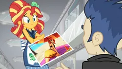 Size: 1536x864 | Tagged: safe, artist:lumineko, derpibooru import, edit, edited screencap, editor:whatthehell!?, screencap, flash sentry, sunset shimmer, fish, eqg summertime shorts, equestria girls, good vibes, apron, beach, bunset shimmer, clothes, female, flashimmer, food, happi, humanized, japanese, male, photo, shipping, smiling, standing, straight, sunset sushi, sushi, swimsuit, uniform