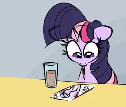 Size: 1759x1489 | Tagged: suggestive, artist:hattsy-nsfw, derpibooru import, twilight sparkle, pony, unicorn, /mlp/, chocolate, chocolate milk, cup, drawing, looking down, milk, mouth hold, pencil, plot, solo