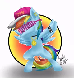 Size: 800x839 | Tagged: safe, artist:janadashie, derpibooru import, rainbow dash, pegasus, pony, bipedal, cap, dab, eyes closed, female, glasses, hat, mare, shutter shades, signature, solo