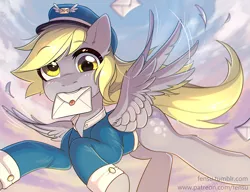 Size: 2002x1534 | Tagged: safe, artist:fensu-san, derpibooru import, derpy hooves, pegasus, pony, cap, clothes, cute, derpabetes, feather, female, flying, hat, letter, looking at you, mailmare, mare, mouth hold, solo, uniform
