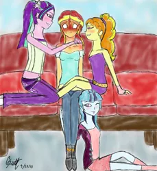 Size: 628x685 | Tagged: safe, artist:artisanscribe, deleted from derpibooru, derpibooru import, adagio dazzle, aria blaze, sonata dusk, sunset shimmer, equestria girls, clothes, dazzling sun, female, harem, lesbian, midriff, polyamory, shipping, skirt, sunata, sunblaze, sunsagio, sunset shimmer gets all the dazzlings, sunset shimmer gets all the mares, the dazzlings