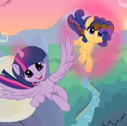 Size: 1024x1020 | Tagged: safe, artist:fragrance-mlpng, derpibooru import, twilight sparkle, twilight sparkle (alicorn), oc, oc:magical smile, alicorn, pony, base used, female, flying, magic, mother and daughter, offspring, parent:cheese sandwich, parent:twilight sparkle, parents:cheeselight