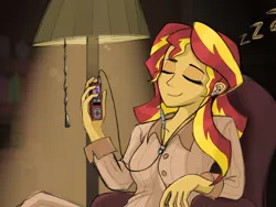 Size: 2048x1536 | Tagged: safe, artist:qzygugu, derpibooru import, sunset shimmer, equestria girls, chair, clothes, earbuds, eyes closed, female, ipod, lamp, light, mp3 player, music, music player, sitting, sleeping, solo, zzz