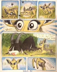 Size: 1076x1368 | Tagged: africa, animal in mlp form, antelope, artist:thefriendlyelephant, bush, butterfly, cloven hooves, comic, comic:sable story, cross-eyed, cute, derpibooru import, dik dik, fluffy, giant sable antelope, grass, horns, oc, oc:kekere, oc:sabe, rock, safe, savanna, size difference, speed lines, traditional art, unconscious, unofficial characters only