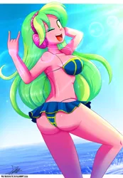 Size: 1220x1760 | Tagged: suggestive, alternate version, artist:the-butch-x, derpibooru import, lemon zest, equestria girls, arm behind head, armpits, ass, attached skirt, beach, beach babe, bicolor swimsuit, bikini, bikini babe, blue swimsuit, breasts, busty lemon zest, butt, clothes, cute, devil horn (gesture), dimples of venus, erect nipples, female, frilled swimsuit, headphones, legs, lemon's swimsuits x, looking at you, looking back, looking back at you, nipple outline, ocean, one eye closed, sexy, signature, skirt, skirt lift, solo, solo female, string bikini, striped swimsuit, swimsuit, thighs, water, wedgie, wink, zestybutt