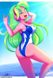 Size: 1220x1760 | Tagged: suggestive, alternate version, artist:the-butch-x, derpibooru import, lemon zest, equestria girls, arm behind head, armpits, ass, beach, beach babe, bicolor swimsuit, blue swimsuit, breasts, busty lemon zest, butt, clothes, cute, devil horn (gesture), erect nipples, female, headphones, legs, lemon's swimsuits x, looking at you, looking back, looking back at you, ocean, one eye closed, one-piece swimsuit, open mouth, sexy, signature, solo, solo female, swimsuit, thighs, water, white swimsuit, wink, zestybutt