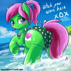 Size: 1280x1280 | Tagged: suggestive, artist:thecoldsbarn, derpibooru import, oc, oc:zippy sparkz, unofficial characters only, pony, beach, bikini, clothes, dock, explicit source, female, looking at you, looking back, looking back at you, mare, plot, raised hoof, smiling, solo, solo female, swimsuit, water