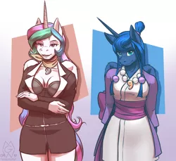 Size: 1476x1350 | Tagged: ace attorney, alicorn, alternate hairstyle, anthro, artist:mykegreywolf, ascot, breasts, cleavage, clothes, crossed arms, crossover, derpibooru import, duo, female, mare, maya fey, mia fey, princess celestia, princess luna, royal sisters, safe, simple background, sisters, smiling