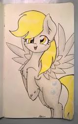 Size: 1024x1607 | Tagged: safe, artist:mimicproductions, derpibooru import, derpy hooves, pegasus, pony, chest fluff, ear fluff, fluffy, rearing, smiling, solo, traditional art