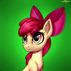 Size: 3000x3000 | Tagged: safe, artist:setharu, derpibooru import, apple bloom, earth pony, pony, adorabloom, bow, bust, chest fluff, cute, ear fluff, eye reflection, female, filly, hair bow, looking up, reflection, signature, smiling, solo