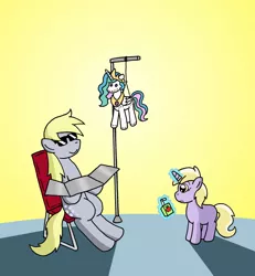 Size: 1024x1107 | Tagged: artist:verycomicrelief, catasterism, derpibooru import, derpy hooves, dinky hooves, female, mother and daughter, plushie, princess celestia, safe, sun bathing