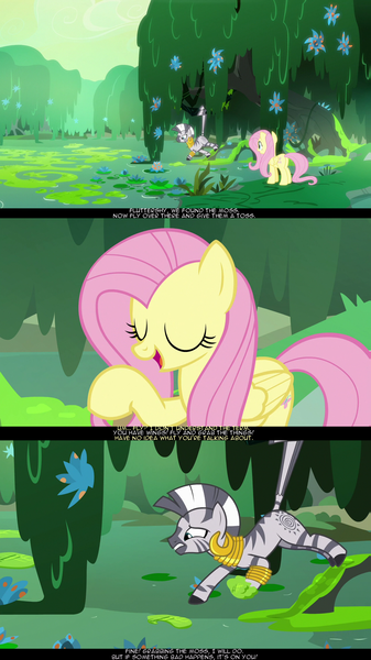 Size: 1280x2281 | Tagged: safe, derpibooru import, edit, edited screencap, screencap, fluttershy, zecora, pegasus, pony, zebra, a health of information, criss cross moss, duo, ear piercing, earring, everfree forest, female, flower, jewelry, leg rings, mare, moss, neck rings, piercing, psyga's alternate pony scenes, screencap comic, swamp, swamp fever plant, text