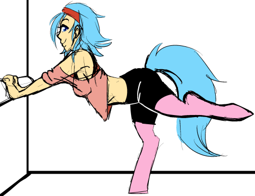 Size: 500x385 | Tagged: 80s, aerobics, artist:/d/non, derpibooru import, female, oc, oc:volupia, offspring, parent:aloe, safe, satyr, solo, stretching, unofficial characters only