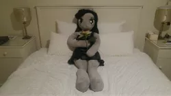 Size: 5312x2988 | Tagged: anniversary, anthro, anthro plushie, artist:bigsexyplush, artist:somethingaboutoctavia, bed, celebration, clothes, cute, derpibooru import, doll, dress, flower, irl, jewelry, necklace, octavia melody, photo, plushie, safe, toy