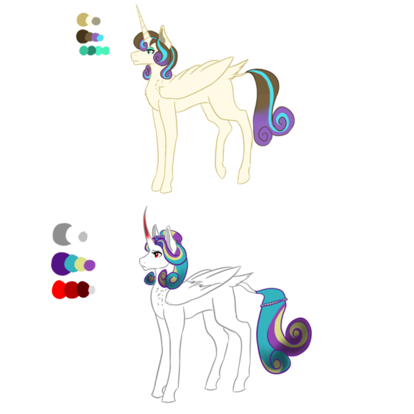 Size: 894x894 | Tagged: safe, artist:owocrystalcatowo, derpibooru import, oc, oc:shy heart, oc:sweet heart, unofficial characters only, alicorn, pony, cousins, curved horn, female, mare, parent:king sombra, parent:oc:crystal heart, parent:pound cake, parent:princess flurry heart, parents:poundflurry, reference sheet