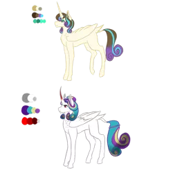Size: 894x894 | Tagged: safe, artist:owocrystalcatowo, derpibooru import, oc, oc:shy heart, oc:sweet heart, unofficial characters only, alicorn, pony, cousins, curved horn, female, mare, parent:king sombra, parent:oc:crystal heart, parent:pound cake, parent:princess flurry heart, parents:poundflurry, reference sheet