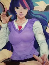 Size: 600x800 | Tagged: safe, artist:kenishra, derpibooru import, twilight sparkle, human, book, breasts, clothes, female, humanized, looking at you, smiling, solo, traditional art