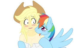 Size: 800x522 | Tagged: suggestive, artist:dj-black-n-white, derpibooru import, rainbow dash, oc, oc:cinnamon cider, satyr, age difference, breasts, cleavage, female, lesbian, licking, offspring, parent:applejack, sweat, tongue out