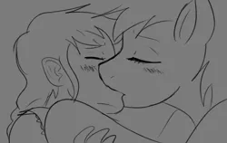 Size: 1403x888 | Tagged: age difference, artist:dj-black-n-white, blushing, derpibooru import, female, interspecies, kissing, lesbian, making out, monochrome, oc, oc:cinnamon cider, offspring, parent:applejack, rainbow dash, safe, satyr