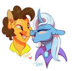 Size: 558x551 | Tagged: safe, artist:qatsby, derpibooru import, cheese sandwich, trixie, pony, unicorn, blushing, boop, cheesixie, crack shipping, crying, female, grin, heart, male, noseboop, rarepair, shipping, smiling, straight