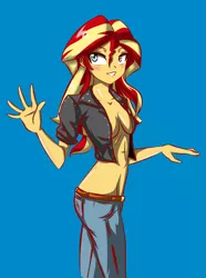 Size: 939x1260 | Tagged: suggestive, artist:trainbang, derpibooru import, sunset shimmer, equestria girls, absolute cleavage, blushing, braless, breasts, busty sunset shimmer, cleavage, clothes, female, jacket, open clothes, pants, simple background, smiling, solo, solo female