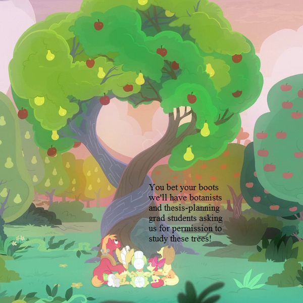 Size: 650x650 | Tagged: safe, derpibooru import, edit, edited screencap, screencap, apple bloom, applejack, big macintosh, grand pear, granny smith, the perfect pear, apple, apple tree, cropped, food, intertwined trees, pear, pear tree, sweet apple acres, text, tree