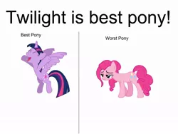 Size: 960x720 | Tagged: safe, derpibooru import, pinkie pie, twilight sparkle, twilight sparkle (alicorn), alicorn, earth pony, pony, background pony strikes again, background pony thinks people care about which characters they like, best pony, happy, sad, worst pony