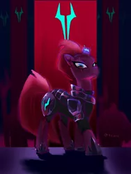 Size: 2100x2800 | Tagged: safe, artist:oberon826, derpibooru import, tempest shadow, unicorn, my little pony: the movie, armor, broken horn, eye scar, female, frown, glowing horn, horn, looking at you, mare, scar, solo, sparking horn
