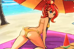 Size: 1125x750 | Tagged: suggestive, artist:lumineko, derpibooru import, sunset shimmer, equestria girls, alternate hairstyle, ass, beach, beach adventures, bikini, breasts, bunset shimmer, buttcrack, clothes, doll, equestria girls minis, female, food, looking at you, looking back, sexy, side-tie bikini, smiling, solo, solo female, string bikini, stupid sexy sunset shimmer, summer sunset, swimsuit, toy, umbrella, watermelon, wedgie, yellow swimsuit