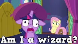 Size: 960x540 | Tagged: safe, derpibooru import, screencap, fluttershy, twilight sparkle, twilight sparkle (alicorn), alicorn, pegasus, pony, a health of information, amnesia, are you a wizard, bed, blanket, captain obvious, concerned, d:, derp, derplight sparkle, existential crisis, faic, female, floppy ears, forgetful, frown, gritted teeth, harry potter, hoof over mouth, image macro, mare, meme, nervous, non stick pans, open mouth, pillow, pillow hat, saddle bag, subverted meme, text, wide eyes, wizard, worried