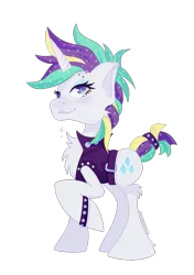 Size: 633x900 | Tagged: safe, artist:africa7654, derpibooru import, rarity, pony, unicorn, it isn't the mane thing about you, alternate hairstyle, female, mare, punk, raised hoof, raripunk, smiling, solo