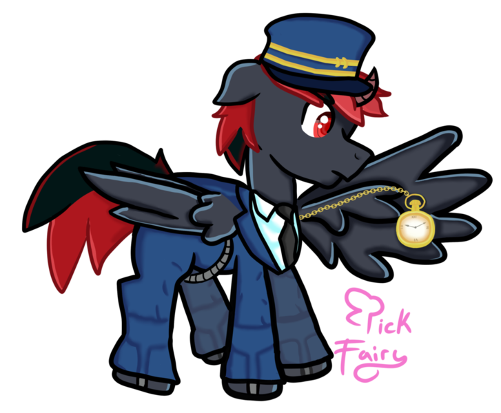 Size: 1024x845 | Tagged: safe, artist:pickfairy, derpibooru import, oc, oc:borgz pony, unofficial characters only, alicorn, cyborg, pegasus, pony, black, blue, borg, clothes, conductor, crossover, hat, male, pocket watch, red, red eyes, solo, stallion, star trek, train