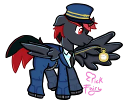 Size: 1024x845 | Tagged: safe, artist:pickfairy, derpibooru import, oc, oc:borgz pony, unofficial characters only, alicorn, cyborg, pegasus, pony, black, blue, borg, clothes, conductor, crossover, hat, male, pocket watch, red, red eyes, solo, stallion, star trek, train