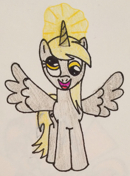 Size: 480x648 | Tagged: alicorn, alicornified, artist:sunflower2016, derpibooru import, derpicorn, derpy hooves, race swap, safe, solo, traditional art