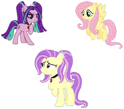 Size: 800x700 | Tagged: aria blaze, ariashy, artist:celeskumaenoshima, crack shipping, derpibooru import, female, flutterblaze, fluttershy, lesbian, magical lesbian spawn, oc, oc:buttercup lilac, offspring, parent:aria blaze, parent:fluttershy, parents:ariashy, rarepair, safe, shipping