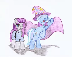 Size: 969x772 | Tagged: safe, artist:jezendar, derpibooru import, maud pie, trixie, earth pony, pony, unicorn, clothes, cute, diatrixes, eyes closed, female, lesbian, mare, maudabetes, mauxie, open mouth, rarepair, shipping, smiling, traditional art, when she smiles